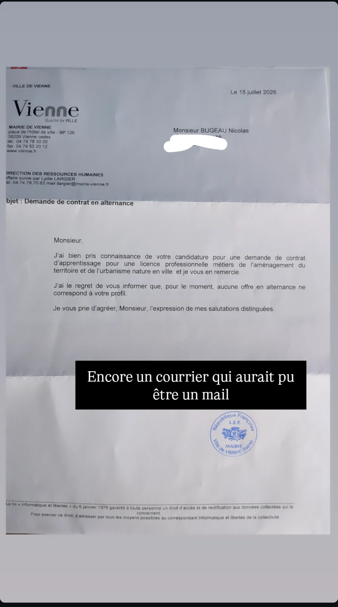 Lettre de refus pour une alternance à la mairie de Vienne. Oui, une lettre, pas un mail.